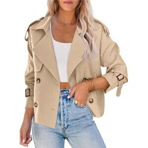 Women Crop Double Breasted Trench Coat Khaki
